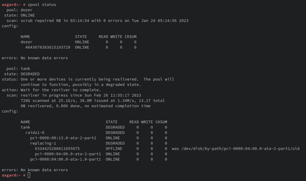 zfs resilvering in progress