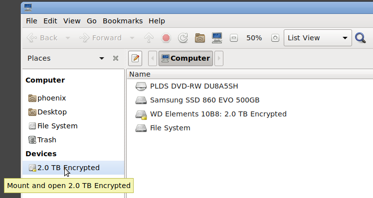 The encrypted disk appears conveniently and can be mounted with a single click